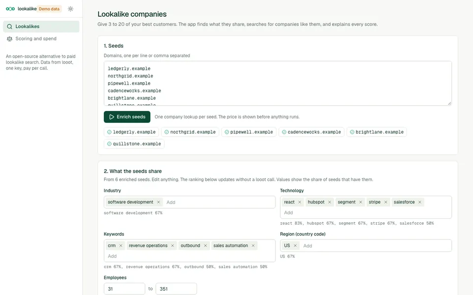 looot-lookalike screenshot, demo data, not a real account